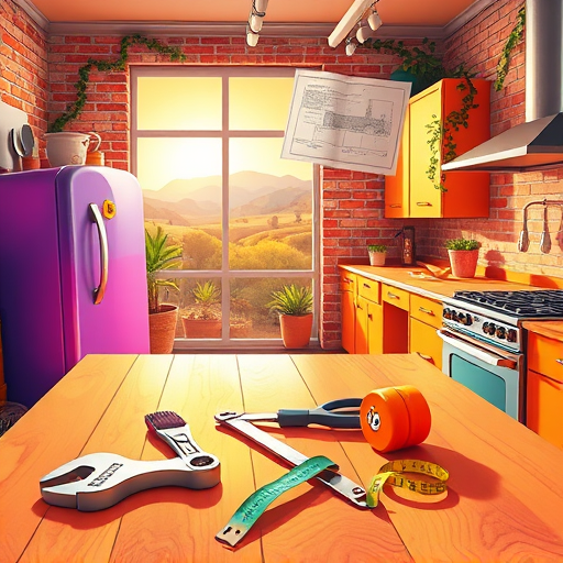 A vibrant surrealist illustration of an affordable kitchen makeover featuring whimsical, fantastical elements: a swirling, candy-colored marble countertop seamlessly blending into oversized, playful utensils with smiling faces and tiny arms; giant floating puzzle-piece cabinets with glowing edges suggest modular, budget-friendly updates; a surreal, twisting metallic faucet resembling a serpent spraying iridescent bubbles against a pastel palette of pinks, blues, and mint greens; a crescent moon-shaped window displaying floating islands and imaginative buildings bathed in warm, cozy light; a floor decorated with mismatched, quirky tiles resembling animals and abstract shapes; unique light sources like a glowing sunflower-shaped levitating bulb and tiny glowing stars creating a magical atmosphere; playful details including a mischievous sprout emerging from a cracked ceramic pot and a winking spoon handle enhance the scene’s humorous and creative mood—capturing a whimsical, resourceful approach to affordable kitchen transformations perfect for inspiring imaginative home improvement ideas.