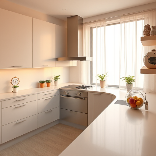 A sleek Art Deco-inspired illustration of a high-end kitchen renovation scene representing professional kitchen remodeling services in Grand Terrace, California. The design features a geometric kitchen layout with streamlined cabinetry accented in chrome, angular countertops with subtle Roaring Twenties-style patterns, and an elegant vintage-inspired range hood with symmetrical lines. The color palette includes rich emerald greens, shiny golds, cool silvers, and creamy ivory tones, creating a luxurious atmosphere. Whimsical elements such as curved pendant lights resembling stylized sunbursts hang above the island, while bold patterned tiled backsplashes showcase Art Deco motifs. In the background, a simplified cityscape silhouette of Grand Terrace with geometric hills and a faint outline of Mount Rubidoux connects the scene to the locale. The overall composition exudes polished professionalism, vintage glamour, and modern craftsmanship, combining timeless style with functional artistry—ideal for a blog cover promoting high-quality kitchen renovation services.