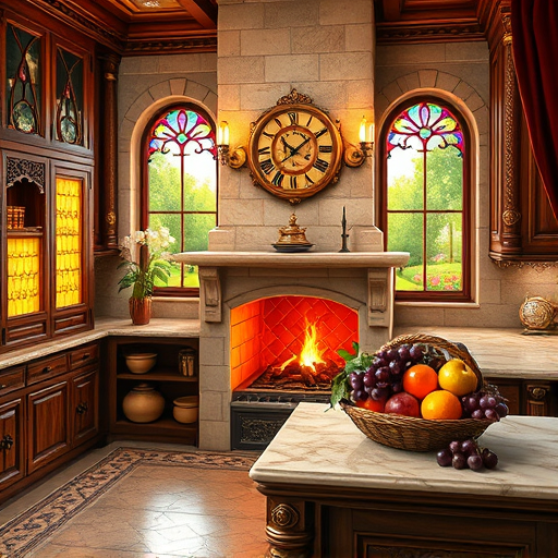A detailed high Renaissance style illustration of a chef's dream kitchen featuring ornate wooden cabinetry with intricate carvings inspired by Renaissance motifs, polished marble countertops with a luminous sheen, and a grand arched window showing a scenic view of La Verne, California, with rolling hills, lush greenery, and distant mountains. An antique chandelier casts delicate shadows overhead. Quirky details include a whimsical ornate teapot steaming atop a marble island, a vintage clock with exaggerated Roman numerals, a curious squirrel peeking through a half-open cabinet door, and a ceramic rooster perched on a shelf. The warm earthy color palette of rich browns, soft creams, deep reds, and gold accents reflects Renaissance artistry and California charm. The scene blends timeless craftsmanship with playful personality, emphasizing elegance, tradition, and modern renovation without human figures.