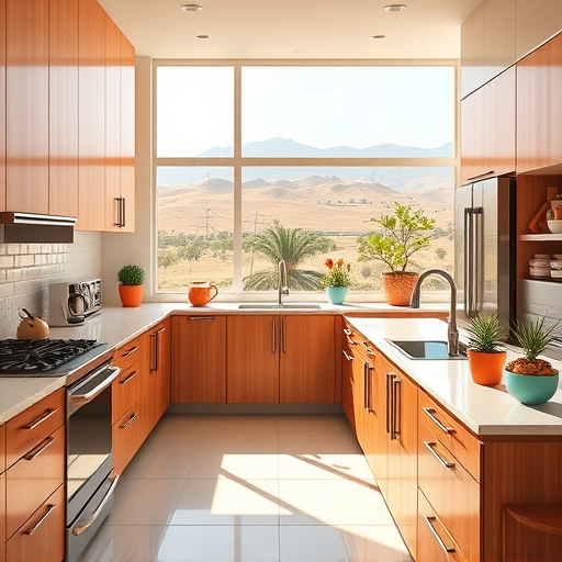 A minimalist modern kitchen measuring 8 by 12 feet, bathed in soft natural light from large windows overlooking a lush outdoor garden with greenery and blooming flowers. The space features clean lines and simple shapes, including a matte white streamlined island with a smooth wooden countertop and minimalist pendant lights above. Built-in cabinetry with handleless drawers and a concealed refrigerator create an uncluttered backdrop. Integrated appliances such as a sleek oven and minimalist stovetop maintain the seamless design. Decor accents include a potted succulent on the countertop, a vintage-inspired teapot, and a bowl of fresh fruit, adding playful touches. The pastel-toned wall in muted mint or soft gray enhances the tranquil atmosphere, complemented by a subtle geometric patterned rug under the island. The color palette emphasizes calm neutrals—muted browns, soft whites, and pastel accents—creating an elegant, professional, and serene kitchen space ideal for showcasing sophisticated but approachable design. Minimalist artwork enhances the space’s understated charm and functionality.