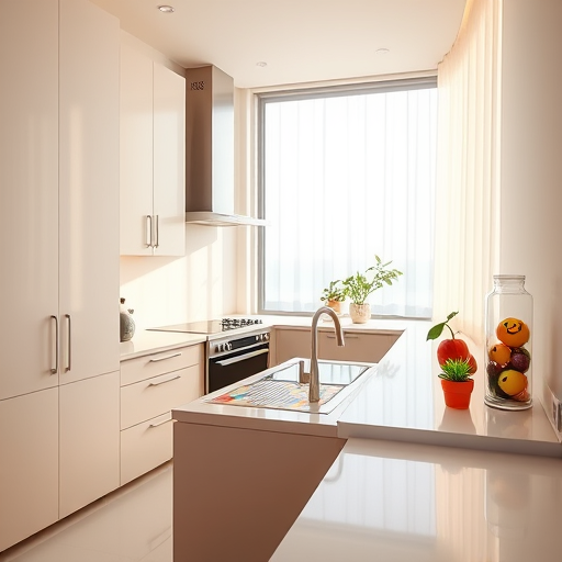 A minimalist illustration of a modern kitchen in the process of renovation, featuring clean lines and geometric shapes. The scene showcases new cabinetry, countertops, and appliances in pastel tones of soft blue, mint green, and warm beige. A partially dismantled kitchen island includes a stylized wrench leaning against it, with stacks of wallpaper or tile samples nearby, adding a crafty touch. The open-concept space is bright and airy, with large windows allowing natural light to fill the room and cast gentle shadows. Decorative accents like a small potted plant and a hanging teabag bring personality to the minimalist design. The overall composition is balanced, clean, and inviting, evoking themes of transformation, fresh beginnings, and modern elegance ideal for a kitchen renovation blog cover.