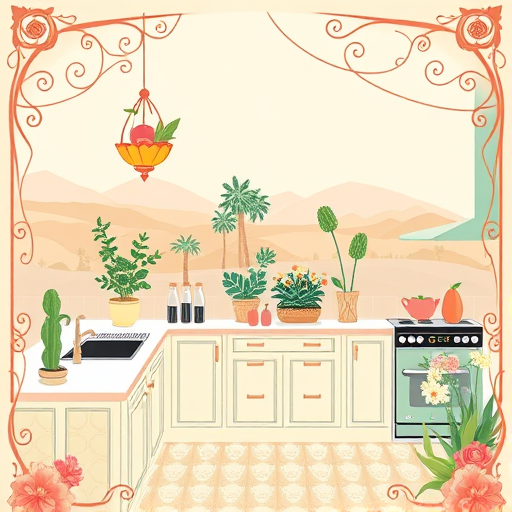 A Renaissance-inspired scene depicting a contemporary kitchen remodel in Jurupa Valley, California. The kitchen features polished marble countertops, ornate wooden cabinetry with intricate carvings, and gleaming brass fixtures illuminated by warm candlelight. Architectural elements include arched stained glass windows casting colorful patterns, decorative friezes, and detailed cornices blending classic and modern styles. Modern appliances are subtly integrated into the design. In the foreground, a large vintage wooden dining table is set with elaborate porcelain dishes, fresh citrus fruits, and herbs, reflecting California produce. Quirky details include a tiny cherub peering from a brass chandelier and a curling vine of succulents on a corner shelf. Through the arched window, a lush garden with vibrant California native plants, succulents, flowers, and palm trees enhances the outdoor connection. The scene showcases a rich Renaissance color palette of deep reds, golden ochres, and muted greens, contrasted by silver and glass accents. The composition combines realistic detail with an artistic, mythic quality, blending timeless elegance and modern freshness in a warm, lively atmosphere that celebrates the harmony of past and present.