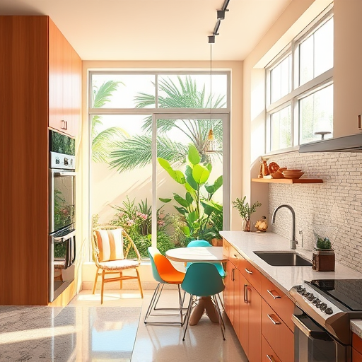 A sleek, minimalist luxury kitchen remodel scene in San Dimas, California, featuring an open-concept design with clean lines and subtle geometric shapes. The polished marble island includes a hidden drawer system, illuminated by a contemporary pendant light with playful, abstract patterns. Elegant, handleless cabinetry in soft matte blush pink and warm beige contrasts effortlessly with a textured white backsplash, emphasizing premium materials. Decorated with potted succulents and a vintage-style coffee grinder, the countertops add subtle personality to the space. Large sliding glass doors in the background reveal a serene California landscape with rolling hills and distant mountains bathed in golden sunlight, enhancing the inviting ambiance. Floating geometric shelves display artisanal jars and unique kitchen accents, adding a touch of playful design. The color palette combines muted pastels, soft whites, and gentle gold accents, creating an atmosphere of calm, luxury, and creative elegance characteristic of upscale minimalist kitchen remodeling in San Dimas.