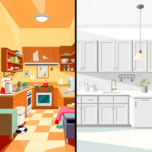 A vibrant digital illustration of a whimsical modern kitchen featuring a 10x10 grid of colorful, oversized cabinets with rounded edges and glossy, reflective surfaces in pastel turquoise, sunny yellow, blush pink, and white. The countertops are decorated with quirky details, including a ceramic cat peeking from behind a kettle, a stack of patterned plates, and potted herbs with tiny cartoon faces. Vintage-inspired pendant lights with geometric shapes cast a warm glow from the ceiling, enhancing the cozy atmosphere. A large window reveals a lush, fantastical garden with oversized flowers and whimsical creatures, adding a sense of wonder. The playful checkered floor complements the scene, which also includes a vintage-style radio or clock, all rendered in soft shading and vibrant, slightly cartoonish colors that evoke a cheerful, energetic, and imaginative mood.