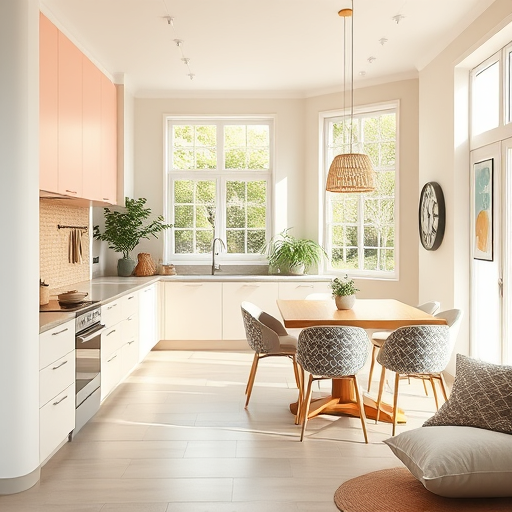 An impressionist-style illustration of a spacious, accessible kitchen with wide, gently arched doorways painted in pastel pink, soft cream, and mint green. The scene depicts a sunlit morning with soft, blurred brushstrokes capturing warm natural light filtering through sheer curtains, casting dappled patterns on polished wooden floors. A cozy kitchen nook features a rustic table set with mismatched vintage teacups and a cheerful, blinking kettle, adding playful charm. Small humorous details include a happy cat sitting on the windowsill, gazing curiously through the doorway, and a quirky teapot with a mischievous smile, enhancing the lively, welcoming atmosphere. Softly blurred background elements include lush green plants framing the scene, hinting at an outdoor garden symbolizing growth and inclusivity. The overall mood is calm, hopeful, and emphasizes harmonious, accessible living in vibrant, luminous colors characteristic of impressionist art.