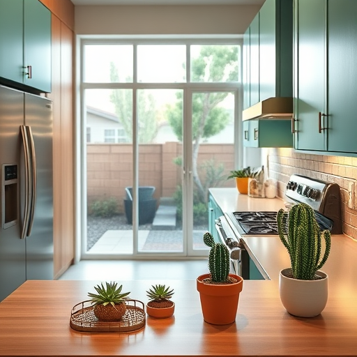 A luxurious, expertly remodeled kitchen in La Verne, California, designed in an elegant Art Deco style. The scene features polished marble countertops with bold gold accents framing symmetrical, stepped cabinetry. The backsplash showcases a striking zigzag pattern, complemented by vintage-inspired pendant lights with sunburst designs casting a warm glow. In the foreground, a curved dining nook with plush emerald green velvet cushions adds opulence and comfort. Large windows reveal a sunlit garden with lush greenery and California cypress trees, blending indoor elegance with outdoor serenity. Quirky retro touches include a chrome toaster, decorative ceramic potted succulents, and a vintage radio on a shelf, reflecting timeless style. The color palette combines deep navy blue, gold, forest green, and creamy whites, creating a refined, welcoming atmosphere. Crisp lines, symmetrical designs, and decorative motifs evoke timeless glamour, highlighting a harmonious mix of contemporary sophistication and nostalgic charm.