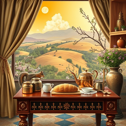 A luxurious high-end kitchen in San Bernardino, California, showcasing an Art Nouveau design with flowing lines, intricate organic details, and elegant craftsmanship. The scene features ornate gilded cabinetry with swirling motifs and delicate glass-paneled doors, complemented by shimmering marble countertops with detailed veining. Brass fixtures emit a warm glow, while an arched stained-glass window filters soft, colorful light into the space. Subtle floral patterns and stylized vine motifs intertwine around the edges, symbolizing growth and renewal. A vintage chandelier with ornate glasswork hangs above, adding whimsical charm. The bright, tranquil California backdrop includes lush greenery visible through the window, contrasting with the refined interior. Quirky decorative touches include a small ornate colander on a vintage shelf and a charming floral tiled backsplash. The color palette features soft golds, blush pinks, pale greens, and creamy whites with accents of deep teal and emerald, creating an atmosphere of calm, sophistication, and creative elegance. The scene captures the harmonious blend of classic artistry and modern design, ideal for illustrating the transformation of kitchens with Art Nouveau flair.