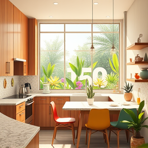 Photorealistic image of a luxurious, modern kitchen in Corona, California, featuring sleek high-end cabinetry in matte charcoal and warm wood tones with brushed gold hardware. A large island with a glossy marble countertop in cream and gray tones anchors the space, illuminated by a vintage brass pendant light. The kitchen includes a state-of-the-art wine fridge, open shelves with colorful vintage teapots and quirky kitchenware, and modern appliances blended seamlessly into the design. Expansive windows overlook a lush backyard with California sunshine, casting warm highlights. Eco-friendly elements are hinted at by visible solar panels through open doors. Decor details include a retro toaster, whimsical herb pots, tiny fairy lights, and a variety of textured accents in warm neutrals, crisp whites, gold, and muted greenery, creating an inviting, sophisticated, and playful kitchen atmosphere. Soft natural lighting emphasizes gleaming surfaces and detailed textures, ideal for showcasing stylish kitchen renovations in California.
