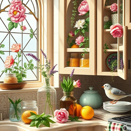 A vibrant FolkArt-style illustration of a cozy, colorful kitchen scene inspired by San Bernardino, California. The scene features warm terracotta and pastel hues creating a cheerful atmosphere. A rustic wooden countertop displays playful, exaggerated utensils, including large wooden spoons, cheerful ceramic jars, and quirky measuring cups with bold patterns. Beside a window with floral curtains, a stylized cactus plant in a decorative pot adds a touch of California desert charm, while sunlight streams in, casting bright, inviting light. A cartoonish sun with a big smile peeks from the corner, enhancing the whimsical mood. The background showcases decorative folk-patterned tiles and hanging pots and pans with swirling designs from an open wooden rack. Tiny animated birds perch on shelves, pecking at colorful fruits and vegetables in whimsical bowls. The scene radiates warmth, craftsmanship, and a fun, approachable vibe, capturing the spirit of expert kitchen remodeling and local flavor in San Bernardino.