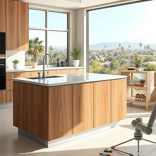 A Renaissance-inspired scene depicting the installation of a modern kitchen island along a peaceful Riverside, California riverside setting. The ornate wooden kitchen island features intricate carvings, scrollwork, floral motifs, and gilded accents, blending classical craftsmanship with contemporary kitchen design. Elegant baroque drapery in warm hues frames the scene, with sunlight filtering through leafy trees, casting a golden glow. Playful Renaissance-style cherubs with miniature tools inspect the installation, while a nearby fountain with fish-shaped sculptures bubbles, symbolizing the river's flow and freshness. The background showcases Renaissance architecture elements such as arched windows, detailed stonework, and classical columns, seamlessly integrated with lush greenery and shimmering water, all in a palette of ochres, deep reds, and soft golds. The scene combines serenity and liveliness, celebrating artistry, craftsmanship, and modern innovation in a whimsical, timeless tableau.