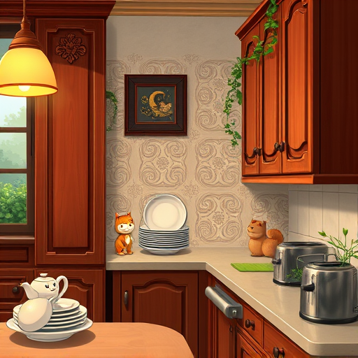 A vibrant, stylized depiction of a modern kitchen undergoing transformation, combining traditional craftsmanship with futuristic design elements. The scene features shimmering stainless steel appliances reflecting warm ambient lighting, paired with rustic wooden cabinets adorned with intricate carvings. Floating countertops with playful, exaggerated forms showcase whimsical mosaic and geometric tiling patterns. Quirky touches include a vintage kettle topped with a chef's hat and a glowing, levitating utensil rack, adding humor and charm. The background offers a panoramic view of sunny Corona, California, with palm trees and rolling hills rendered in soft tones that evoke calmness and optimism. The environment feels lively yet sophisticated, highlighting the renovation process with half-finished cabinetry, architectural sketches on transparent surfaces, and integrated construction tools. Rendered in a ConceptualArt style with layered textures and abstracted forms, the image uses a warm palette of terracotta, creamy beige, sky blue, metallic silvers, and earthy greens. The mood is professional, creative, and playful, capturing the exciting journey of kitchen renovation—craftsmanship, innovation, and personalized character—making it an eye-catching blog cover image that symbolizes transforming a kitchen into a harmonious, functional space full of personality.