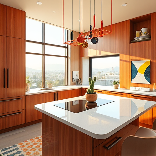 A sleek, minimalist illustration of a modern kitchen in Upland, California, showcasing contemporary, streamlined cabinetry, appliances, and an open-plan design that emphasizes spaciousness. The scene features a warm color palette inspired by desert surroundings, including terracotta, sandy beiges, and soft sage greens, accented by bright turquoise hints reminiscent of swimming pools. In the background, stylized California foothills with gentle hills and rugged terrain are depicted using simple, flowing shapes. Quirky details add charm, such as a small cartoon cactus wearing sunglasses on the countertop or a playful roadrunner painted on the wall. Soft, natural lighting creates gentle shadows, contributing to a calm and inviting atmosphere. The overall aesthetic is minimal, with crisp outlines and harmonious colors, capturing a fresh, optimistic vibe perfect for a blog celebrating renovation and new beginnings.