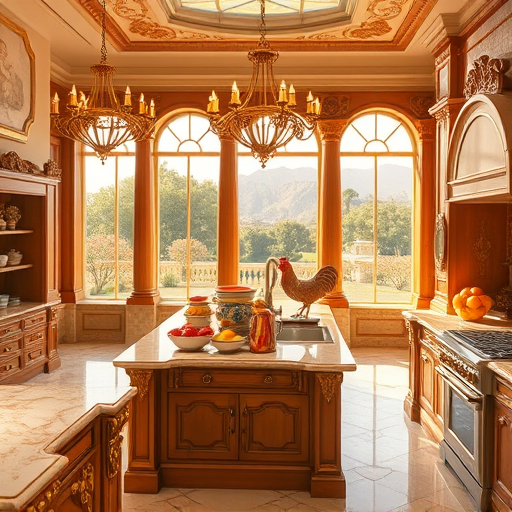 A luxurious Rococo-inspired depiction of a custom kitchen cabinetry installation in Riverside, California, featuring ornate, gilded wooden cabinets with intricate floral carvings, swirling motifs, and delicate scrollwork. The pastel-colored walls in soft peach and mint green set a whimsical backdrop, complemented by shimmering marble countertops with gilded edges. Floating, exaggerated tools such as a gilded hammer with fleur-de-lis motifs, an ornate screwdriver, and decorative measuring tapes add a playful touch. An ornate vintage chandelier illuminates the scene with warm golden light, reflecting off glossy surfaces, while a gilded Rococo-style mirror shows a sunlit Riverside garden view with vibrant flowers and twisting ivy. Tiny cherub sculptures with playful expressions peek from behind cabinets, and a whimsically oversized paintbrush leans against a cabinet, adding artistic charm. The scene combines elegance with lively personality, blending timeless Rococo artistry with Southern California warmth and creativity.