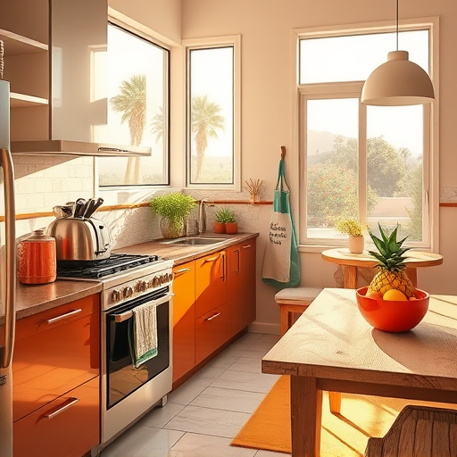 A vibrant, abstract Cubism-style depiction of a modern kitchen renovation scene. The image features fragmented geometric shapes forming a sleek kitchen island, stylized cabinet doors with angled facets, and countertops and appliances broken into intersecting planes. Bright splashes of teal, mustard yellow, soft coral, and muted gray create an energetic yet sophisticated color palette. The background suggests a cozy, well-lit kitchen with oversized angular windows streaming sunlight, casting bold, faceted shadows. Quirky details include a floating disassembled faucet with exaggerated facets, geometric utensils on the counter, and abstract mosaic tiles on the backsplash. Small geometric potted plants and a caddy with stylized herbs add personality. Scattered blueprints and floating construction tools rendered in angular shapes evoke creative disruption and innovation, blending the chaos of remodeling with the ordered beauty of cubist abstraction.