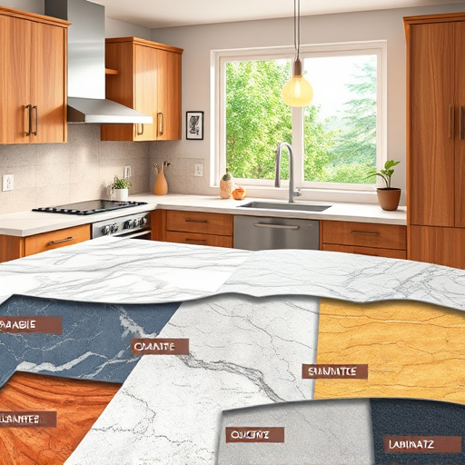 A vibrant digital illustration of a modern, eclectic kitchen renovation scene in Pomona, California. The kitchen features sleek, shiny countertops made from reclaimed wood and stainless steel appliances illuminated by warm ambient lighting. In the foreground, colorful, whimsical tools—including an oversized wrench, a smiling paintbrush, and a cheerful measuring tape—are playfully scattered on a bright worktable. The background shows a partially renovated space with pastel-colored exposed brick walls, climbing ivy, and a large window framing a sunny Californian landscape with distant mountains and orange groves. Additional details include a vintage purple fridge with quirky magnets, a potted succulent with googly eyes, and a floating blueprint of the kitchen, adding playful and imaginative elements. The scene combines warm oranges, calming teals, soft pinks, and earthy browns, creating a welcoming, energetic atmosphere. The digital art style blends realistic textures with a lively, slightly stylized aesthetic, highlighting craftsmanship and fun personality—ideal for engaging blog readers interested in creative kitchen upgrades and expert renovation services in Pomona.