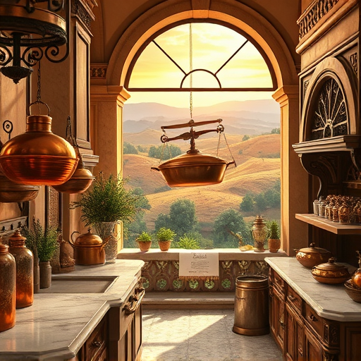 A vibrant folk art-style depiction of a cozy, functional San Dimas, California kitchen featuring rustic charm and modern efficiency. The scene showcases ornate wooden cabinets painted in cheerful pastel colors like soft turquoise and warm coral, accented with delicate floral patterns. Swirling, geometric-patterned countertops with traditional folk motifs complement the design. A vintage-inspired stove with ornate brass knobs sits under a cheerful patchwork window dressed with floral curtains, allowing warm California sunlight to illuminate the space. To the side, a farmhouse-style sink is surrounded by colorful mismatched tiles, creating a quilt-like effect. An exaggerated kitchen island with hanging herbs and spices in ornamented jars sits nearby. In the background, stylized mountains and palm trees frame the scene, reflecting San Dimas' Southern California environment in bold outlines and a harmonious palette of sunny yellows, lush greens, and soft pinks. Playful details include a smiling measuring cup, a cartoon cactus on a hanging tea towel, and a stylized bird perched atop a cabinet, all contributing to a lively, welcoming, and whimsical atmosphere that blends folk art charm with cozy home efficiency.