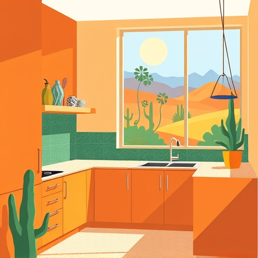 A vibrant, stylized Bauhaus-inspired illustration of an affordable modern kitchen remodeling in Riverside, California. The scene features sleek, angular cabinets in warm earthy tones like terracotta, ochre, and moss green, accented with lively blues and yellows for a cheerful atmosphere. Minimalist countertops with patterned laminate or terrazzo-like surfaces add quirky charm. Abstract, geometric sink and stove units with exaggerated proportions highlight practicality and style. In the background, large window shapes reveal simplified Riverside landscape elements—cacti, palm trees, and rolling hills in geometric forms—reflecting regional outdoor beauty. Floating shelves display colorful, geometric spice jars, retro utensils, and patterned ceramic bowls, adding personality. A stylized potted plant hangs near the window, bringing life to the scene. The overall mood is optimistic, approachable, and modern, with bold colors and dynamic compositions typical of Bauhaus design, emphasizing accessible, stylish kitchen renovation options in a sunny California setting.
