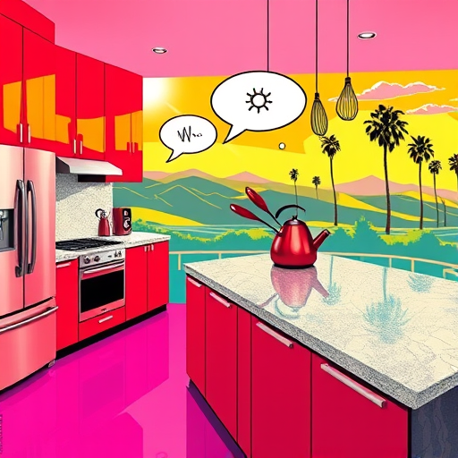 An ArtNouveau-inspired illustration showcasing a 10x10 vintage-modern kitchen remodel with flowing lines and intricate decorative motifs. The kitchen features curved cabinetry with ornate floral patterns and slender, organic handles, complemented by polished marble countertops with delicate swirling veins. Brass fixtures with leaf details add elegance, while vintage-inspired pendant lamps resembling blooming flowers cast a warm, cozy glow. A whimsical mosaic backsplash of stylized vines and blossoms enhances the lively atmosphere. A small herb garden with mythical creature-shaped pots introduces greenery and personality. Open shelving displays eclectic cookbooks and vintage ceramics with swirling designs, framed by a wrought-iron structure echoing natural motifs. Large curved windows reveal a lush stylized garden with flowing vines, blooming flowers, and butterflies, creating a tranquil, inspiring backdrop. The color palette features soft golds, muted greens, blush pinks, and deep teals, emphasizing a romantic, timeless aesthetic. The flowing lines, ornate details, and organic forms highlight the enchanting blend of elegance, quirkiness, and natural beauty in this charming kitchen remodel illustration.