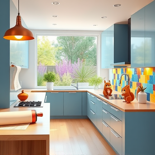 Photorealistic modern kitchen in San Antonio Heights, California, featuring sleek minimalist cabinetry in warm wood tones and matte black accents. The spacious layout includes a large central island with an integrated induction cooktop, a colorful fruit bowl overflowing with fresh fruits, and a streamlined design with hidden modern appliances behind sleek panels. Sunlight filters through a window framing palm trees and distant hills, casting a warm glow. A windowsill herb garden with basil and rosemary adds greenery and eco-friendly charm. Quirky details include a vintage-style kettle, a playful clock with unconventional numbering, and a whimsical backsplash of colorful reclaimed tiles. The scene exudes a calm yet lively atmosphere with natural daylight, accented by a cozy dining nook with a rustic wooden table and mismatched colorful chairs, blending contemporary style with playful touches. Warm earth tones, fresh greens, and vibrant accents create inviting, innovative kitchen space planning ideal for sunny California homes.