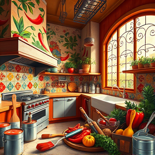 A vibrant, expressionist-inspired modern kitchen in Jurupa Valley, California, featuring bold brushstrokes and intense colors. Sleek, minimalist cabinetry with exaggerated, fluid lines emphasizes movement, set against warm desert sunset hues—deep oranges, fiery reds, and subtle purples blending into a twilight sky visible through abstract, expansive windows. Countertops ripple with playful waves of color, hinting at fluid modern design, while stylized, slightly distorted appliances appear to dance within the space. An oversized, swirling fruit bowl with exaggerated citrus slices sits prominently on the island, adding a quirky focal point. Walls are decorated with exaggerated Southwest-inspired patterns, bringing personality to the sleek environment. Potted succulents and desert flora rendered with wild, emotive strokes add life and a sense of California’s natural beauty. The overall mood combines liveliness and calmness, capturing modern innovation and local landscape in an expressive, turbulent art style with intense colors and raw emotion.