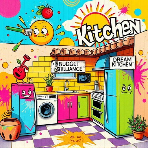 A vibrant folk art-inspired scene depicting kitchen remodel planning during the off-season. The image features an ornately decorated wooden kitchen table layered with colorful fabric swatches, paint chips, and sketch papers arranged playfully. Surrounding the table are charming, handcrafted miniature model kitchens with bold patterns, stylized simple shapes, and vintage appliances crafted with folk art motifs. In the background, a cozy workshop corner is lit by warm lanterns hanging from rustic wooden beams, with shelves holding quirky jars of buttons, fabric spools, and paintbrushes decorated with exaggerated patterns. Patterned curtains in floral and geometric designs frame a window revealing a tranquil winter landscape with snow-covered trees and a bright sky, evoking a peaceful, off-season atmosphere. Decorative elements include a cheerful rooster atop a cabinet, whimsical quilted cushions, and hand-painted signs saying "Design Dreams" and "Off-Season Planning." The overall scene is warm, inviting, and creatively inspired, with bold lines, simplified shapes, and a palette of warm reds, earthy browns, muted greens, and soft blues, capturing a charming, handcrafted universe dedicated to kitchen remodeling during quiet winter months.