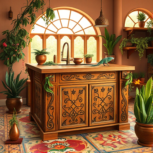 A luxurious Art Deco-style kitchen featuring glossy black, emerald green, and gold cabinetry with geometric patterns and polished chrome handles. The countertop is vintage-inspired with a glossy marble finish and curved edges, complemented by intricate mosaic tile accents. Playful vintage appliances include a stylized, smiling toaster and a retro kettle with animated steam puffs, adding humor and personality. In the background, a sunburst mirror with radiant gold rays and geometric pendant lights create a warm, inviting glow. A decorative plant stand with sculptural metallic foliage introduces a lively natural element. The scene exudes elegance and confidence, blending bold lines and luxurious details with charming quirkiness, perfect for showcasing affordable, stylish kitchen upgrades. The color palette emphasizes gold, black, emerald green, and soft cream, capturing the glamour and modern appeal of the art deco aesthetic.