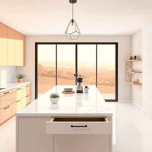 A photorealistic depiction of a modern kitchen under renovation in Rancho Cucamonga, California, featuring sleek natural wood cabinetry, cool-toned quartz countertops, and matte black fixtures. The scene includes renovation tools such as drill bits, a level, and paint swatches casually arranged, conveying a lively hands-on atmosphere. Playful details like a vintage clock on the wall and a small potted cactus wearing sunglasses on the windowsill add personality. The sunlit window offers a view of the lush mountains and Southern California neighborhood with colorful houses and palm trees, highlighting local charm. The overall setting combines professionalism and warmth, with a balanced color palette of warm woods, whites, and muted blues, creating an inviting visual story of expert kitchen renovation and home makeover craftsmanship in California.