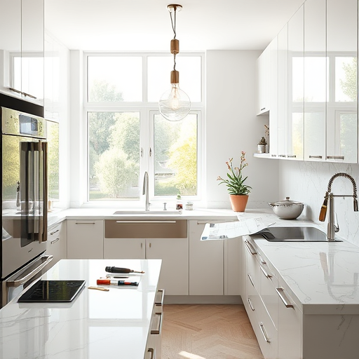 A modern, professional kitchen featuring high-end stainless steel appliances, gleaming countertops, and custom cabinetry. Bright natural light filters through large industrial-style windows, revealing a bustling cityscape outside. The scene includes charming details like a vintage clock on the wall, a colorful potted herb garden on the windowsill, and a playful chef’s hat atop a shiny oven. Visual elements such as blueprint sketches on glass menu boards and a discreet toolbox highlight craftsmanship and professionalism. The color palette combines warm metallic tones, soft greys, and earthy hues, creating an inviting atmosphere that blends sleek elegance with approachable charm. The ultra-realistic detail emphasizes textures, reflections, and intricate finishes, showcasing the skill of a professional kitchen contractor in transforming a space with precision and creativity.