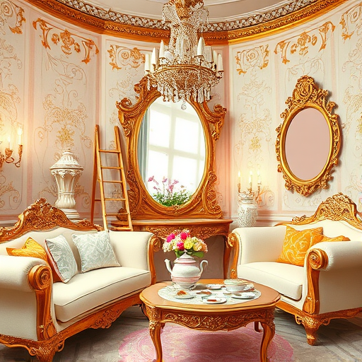 A luxurious Baroque-style illustration of a grand, intricately detailed kitchen optimized for Corona, California. The scene features ornate gold-accented cabinetry, swirling marble countertops, and baroque chandeliers casting warm, flickering light that highlights opulence. Decorative elements include oversized bowls filled with sun-ripened oranges, lemons, and avocados placed on the counters, adding vibrant playfulness. A vintage brass scale shaped like a cactus sits beside a meticulously tiled backsplash that depicts abstract California landscapes such as rolling hills, golden fields, and coastal waves, integrated into the ornate patterns. A tiny wind chime shaped like a stylized palm tree hangs from a chandelier, symbolizing California’s iconic climate. In the background, an arched window reveals a lush garden with citrus trees and blooming bougainvillaea, enhancing the warm, Mediterranean-inspired environment. The scene combines elegance and practicality, showcasing an organized, artistic kitchen design that maximizes space, light, and function. The rich color palette includes deep golds, soft creams, vibrant oranges, lush greens, and touches of ocean blue, conveying warmth, sophistication, and sunny California charm. The artwork exudes a refined yet inviting mood with playful, luxurious details representative of an inspired kitchen space in Corona, California.