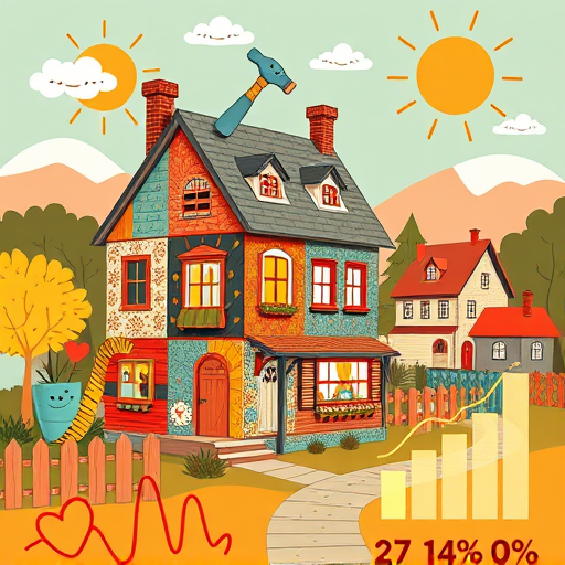 A vibrant, Bauhaus-inspired illustration of a contemporary kitchen remodel set in Loma Linda, California. The scene features sleek, geometric cabinetry in bold, contrasting colors such as deep teal, warm burnt orange, and crisp white, creating a minimalist yet playful aesthetic. Streamlined, angular countertops complement a sculptural, faceted faucet. A floating island with a curved, organic shape adds whimsical charm. Bright, abstract pendant lights cast colorful glows overhead. Large, geometric windows reveal a sunny California landscape with rolling hills, cacti, and a clear blue sky, seamlessly integrating the outdoor scenery. Quirky details include a hanging pot rack with stylized kitchen utensils and a cartoonish potted succulent with exaggerated spiky leaves, adding personality. The background emphasizes clean lines, bold shapes, and playful asymmetry, evoking creative energy. The color palette balances cheerful high-contrast hues with subtle accents of mustard yellow and soft gray for depth and harmony. The composition is lively, modern, and inspiring, capturing the bright Californian warmth and innovative design suited for an engaging blog cover.