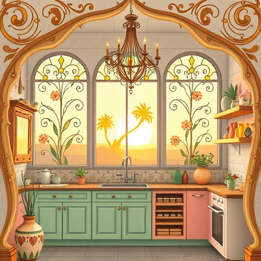 A modern, open-concept kitchen illustrated with sleek countertops, cleverly hidden cabinetry, and innovative storage solutions like pop-up shelves and secret compartments. A floating digital tablet displays a blueprint overlay, highlighting the efficient layout from refrigerator to stove to sink. The scene features a calm color palette of soft teal, warm beige, and white, accented by copper details and green plants. Quirky, animated kitchen tools with expressive faces include a cheerful teapot and a lively knife set. In the background, a cozy breakfast nook with a large window offers a view of a lush backyard garden, filled with sunlight through sheer curtains. The playful patterned floor has doodle-style footprints and swirling designs. A friendly robot helper is positioned in the corner, symbolizing technological innovation. The digital art style emphasizes clean lines, smooth gradients, and carefully rendered lighting, creating an inviting, organized, and modern culinary space.