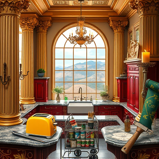 A lavish Baroque-style illustration of an eco-friendly kitchen remodel in Ontario, California, featuring ornate reclaimed wood cabinetry with scrollwork and gilded accents. The warm-toned interior is illuminated by sunlight streaming through stained glass windows, casting colorful patterns onto polished, marbled stone floors. The countertop is decorated with recycled glass mosaics and locally sourced materials, topped with tiny sprouts and miniature fruit trees symbolizing sustainability. Vintage-inspired fixtures made from eco-conscious metals enhance the timeless elegance. Quirky eco-friendly details include a hidden vintage compost bin behind cabinetry, a small wind turbine spinning outside the window, and hanging planters filled with herbs and succulents with exaggerated, swirling leaves. The scene is framed by lush greenery crawling through ornate window frames, while a carved wooden wall in the background features vines, flowers, and celestial motifs, representing harmony with nature. The overall composition exudes lively energy, blending grandeur with green innovation in a sophisticated, slightly whimsical homage to eco-conscious kitchen remodeling.