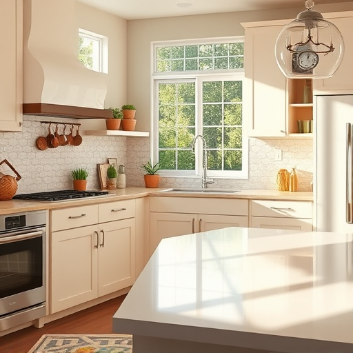 A vibrant neo-expressionist illustration of a contemporary kitchen remodel in Redlands, California, featuring bold, dynamic brushstrokes and exaggerated forms. The scene showcases sleek cabinetry in vivid citrus orange and deep teal, set against warm terracotta tiled floors and rustic wooden accents inspired by California’s Mediterranean style. An industrial-style window streams golden sunlight onto colorful ceramic pots overflowing with lush green herbs. Playful fruit-shaped pendant lights hang asymmetrically from a textured, abstract ceiling. Quirky details include an oversized clock with exaggerated numerals, a swirling patterned backsplash reminiscent of Van Gogh’s starry night, and abstract utensil shapes dancing across the countertop. Open shelving displays eclectic vintage ceramics, while a stylized cactus in an exaggerated terracotta pot adds personality. The background hints at a lively outdoor garden patio with swirling trees and bright flowering bushes, visible through expansive glass. The overall composition exudes energy and playfulness, with a lively color palette of oranges, aquamarine blues, greens, and earthy browns, emphasizing movement and creative transformation in this energetic California kitchen remodel.