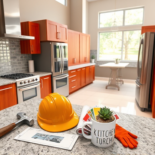 A colorful and imaginative illustration of a kitchen remodeling scene, featuring an open-plan space with sleek, modern cabinetry in soft matte blue tones and warm wood accents. The scene includes whimsical floating geometric shapes symbolizing innovation, oversized playful utensils like a copper spatula and a quirky measuring spoon, and a levitating blueprint scroll displaying design ideas. Comic-style speech bubbles convey planning excitement, while an abstract mosaic backsplash of colorful puzzle-piece tiles represents fitting new elements together. In the background, a large window reveals a lush backyard garden with blooming flowers, filling the space with natural light. A charming cartoon squirrel inspection team perches on a cabinet edge, adding quirky charm. Rendered in a dreamlike, surreal style with vibrant, soothing colors like soft blues, warm yellows, greens, and metallic accents, this scene captures the creativity and optimism of kitchen renovation ideas.