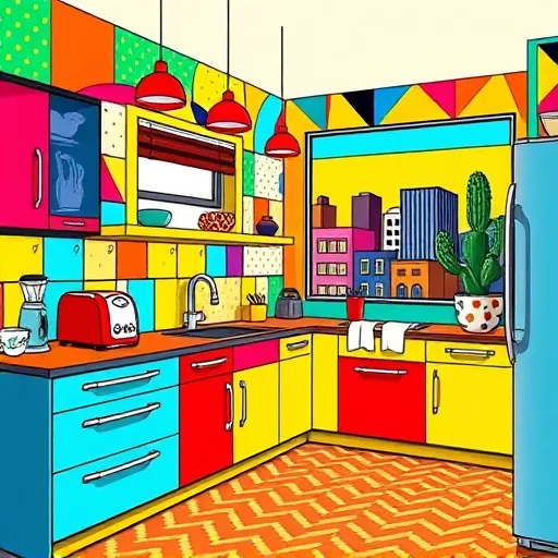 A vibrant pop art illustration of a contemporary kitchen remodel in East Austin, Texas, featuring bold colors and playful design elements. Modern cabinetry with exaggerated, stylized yellow and turquoise handles contrasts against walls painted with abstract geometric patterns inspired by Austin’s street art. Curved countertops in vivid red and blue are decorated with whimsical, oversized kitchen gadgets including a cartoonish smiling blender, a retro toaster ejecting exaggerated slices of bread, and a quirky coffee machine with swirling steam. Neon-colored pendant lights hang overhead, casting cheerful lighting that enhances the energetic atmosphere. An oversized, stylized cactus with zigzag spines in a decorative pot adds a fun Texan touch in one corner. Bright, patterned tile flooring showcases bold chevron and polka dot motifs, complementing the lively scene. A stylized window reveals a simplified East Austin skyline featuring cartoonish silhouettes of historic buildings and colorful murals, emphasizing the city’s creative spirit. The background displays splashes of contrasting colors and graphic patterns, enhancing the energetic, modern pop art style. The scene exudes a fun, lively, and welcoming mood, celebrating East Austin’s vibrant cultural and remodeling scene with quirky, artistic details.