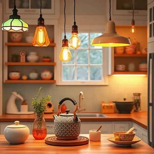 A vibrant and charming kitchen scene featuring an eclectic mix of trendy lighting fixtures, including pendant lights with colorful geometric glass shades, vintage filament bulbs hanging from twisted cords, and whimsical LED strip lights outlining cabinetry. The countertops are decorated with rustic pottery, quirky spice jars, and potted herbs, adding warmth and personality. A cheerful kettle and a mixing bowl with a sprig of rosemary suggest everyday culinary activities. In the background, open shelves display cheerful patterned dishware and antique kitchen tools, illuminated by warm, inviting light that emphasizes both functionality and charm. The environment exudes a cozy, playful atmosphere with quirky touches like an owl-shaped lampshade or star-shaped pendant. The color palette features soft pastels such as mint, blush pink, and buttery yellow, complemented by warm amber and terracotta tones. Rendered in an Arts and Crafts Movement style, the scene combines handcrafted, decorative qualities with intricate detailing and natural forms, highlighting the innovative use of lighting to create a lively, inviting kitchen space full of character and artistic flair.