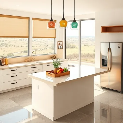 A highly detailed, realistic rendering of a contemporary kitchen remodel in Allandale, Texas, featuring sleek minimalist cabinetry with matte black handles and warm beige quartz countertops illuminated by natural light through large floor-to-ceiling windows with simple roller shades. The spacious island with waterfall edges is adorned with colorful glass pendant lights, adding playful accents. A handcrafted terra cotta tile backsplash introduces rustic warmth, contrasting with modern elements. A wooden tray displays fresh Texas herbs and vibrant fruits, emphasizing local flavors. The polished concrete floor with subtle geometric inlays grounds the space with a modern urban vibe. Vintage-inspired retro fridge decorated with Texas motifs and gleaming metallic appliances enhance the eclectic style. The background showcases a blurred panoramic view of Texas rolling hills, adding a sense of place. The color palette combines warm neutrals, soft whites, terracotta accents, and vibrant decorative elements, creating an inviting, sophisticated atmosphere. Texturized details from wood grains to appliance glosses highlight the vivid, lifelike portrayal of this stylish, character-rich kitchen.