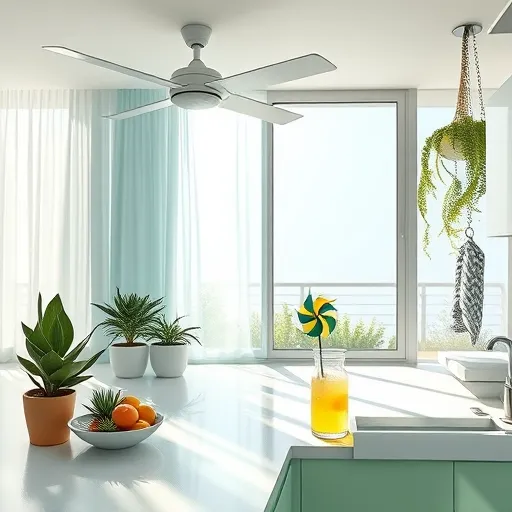 A photorealistic modern kitchen during a hot summer day, featuring a sleek minimalist design with cool-toned surfaces in icy blue, mint green, and crisp white. The scene includes a large open window with flowing sheer curtains and sunlight streaming in, casting gentle shadows across countertops. A high-tech, translucent-bladed ceiling fan spins lazily overhead. Potted succulents and a bowl of colorful citrus fruits add vibrant accents. An eco-friendly misting system releases a fine spray over a chilled pitcher of lemonade, emphasizing cooling solutions. Playful details include a toy windmill on the windowsill and a patterned dish towel hanging nearby. The background shows a sunlit balcony with lush greenery and hanging ferns, creating an indoor-outdoor connection that enhances the refreshing atmosphere. The overall composition uses soft pastel hues and natural sunlight to evoke a sense of calm, relief, and innovative summer heat mitigation in a contemporary kitchen setting.
