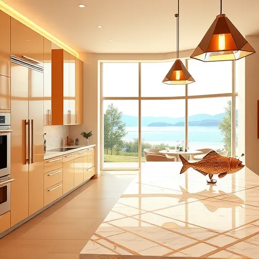 A modern kitchen undergoing a luxurious remodel in Lakeway, Texas, depicted in an Art Deco style with elegant lines and geometric patterns. The scene features streamlined cabinets with bold gold accents and a polished marble island with intricate geometric inlays reminiscent of the 1920s. Angular lighting fixtures hang from a high ceiling, casting a warm glow across the space. Large windows in the background offer a scenic view of Lake Travis, showing shimmering water and lush greenery in soft afternoon light. Quirky details include a vintage-inspired toolbox on a corner counter and a whimsical fish sculpture made of metallic tiles, adding personality. The organized environment features a warm palette of rich golds, deep blues, emerald greens, and creamy neutrals, blending classic luxury with contemporary craftsmanship. The composition balances sharp geometric forms and smooth curves, creating a visually striking image that conveys sophistication, regional pride, and expert craftsmanship—ideal for showcasing Lakeway’s top kitchen remodel contractors.