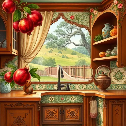 A detailed, vibrant scene of an affordable kitchen remodeling in Rollingwood, Texas, rendered in the lush, intricate style of the Pre-Raphaelite Brotherhood. The vintage kitchen features ornate, flowing woodwork and elaborate tile patterns that blend historic charm with modern practicality. Decorative motifs of pomegranates intertwined with vines and flowers symbolize freshness and renewal. Elements of subtle movement include a steaming copper kettle, patterned curtains gently swaying through a open window, and a playful squirrel with a tiny tool belt inspecting a handcrafted backsplash. Curved shelving displays colorful pottery and herbs, creating a cozy, lively atmosphere, while floral borders add fantasy touch. The background shows rolling hills, mature live oaks, and rustic fences, reflecting Rollingwood’s lush environment. The scene is bathed in jewel tones—emerald greens, terracotta, golds, and cobalt blue—with soft diffuse lighting highlighting rich textures and details. Warm, inviting, and optimistic, the image captures the essence of accessible, craftsmanship-focused home improvement blending ornate romanticism with lively charm.