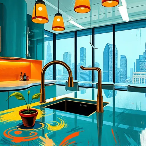 A vibrant expressionist illustration of a modern kitchen remodel featuring bold, swirling brushstrokes and exaggerated lines. The scene includes glossy, curved teal countertops with warm gold accents, illuminated by abstract pendant lights emitting energetic pulses. Stylized, asymmetrical cabinets with sweeping, distorted shapes showcase creative innovation. An oversized, swirling faucet extends across the scene, complemented by a playful potted plant with exaggerated leaves symbolizing freshness. Large, distorted windows reveal an abstract cityscape, blending urban sophistication with organic forms. The composition exudes lively energy with vibrant teals, warm oranges, and reds, contrasted by dynamic white and black streaks emphasizing motion. Overall, the artwork captures the exciting, chaotic journey of a modern kitchen remodel through raw, emotional expressionism.
