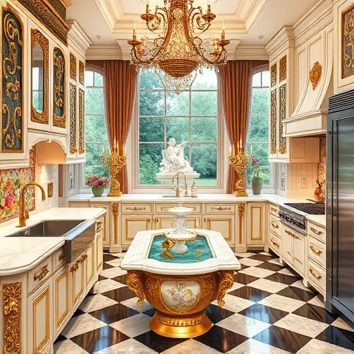 A luxurious Baroque-inspired modern kitchen in Highland Park, Texas, featuring ornate gold-accented cabinetry with intricate carvings and swirling patterns, complemented by sleek marble countertops and glossy stainless steel appliances. Elegant chandeliers adorned with multifaceted crystals cast a warm, golden glow throughout the space. Playful touches include a whimsical musical fountain embedded in the countertop, with tiny golden cherubs blowing bubbles, and vibrant mosaic backsplash with colorful, swirling patterns reminiscent of Baroque tapestries. Tall windows framed by ornate velvet curtains reveal lush Highland Park greenery and hints of classical statues, enhancing the sophisticated ambiance. The polished black and white marble checkerboard floor adds depth and grandeur, while gilded candelabras and floral motifs on porcelain jars contribute to the regal, whimsical atmosphere. The color palette features deep golds, rich creams, and subtle emerald accents, combining ornate Baroque art style with modern luxury for a warm, extravagant, and playful kitchen design.
