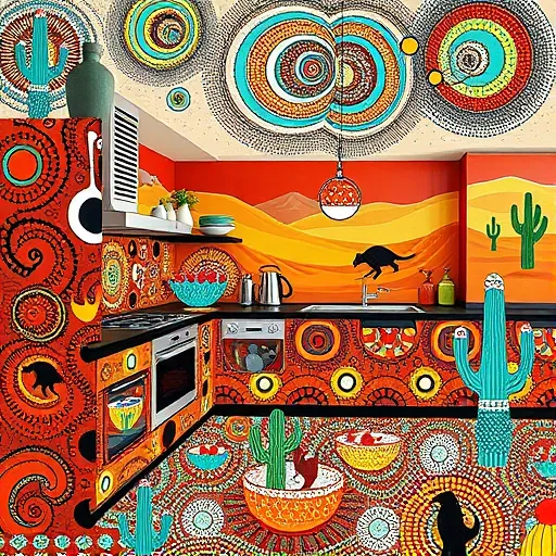 A vibrant Aboriginal-style kitchen design featuring cabinetry, countertops, and appliances decorated with swirling patterns and dot painting techniques in earthy tones of ochre, terracotta, deep browns, with vibrant accents of turquoise and white. The scene includes stylized, elongated utensils and bowls adorned with dot motifs, creating a playful abstract pattern across surfaces. The background depicts a stylized desert landscape with rolling sandy hills and cacti, rendered in bold, repetitive patterns that evoke a connection to Earth and nature. Overhead, a whimsical chandelier with concentric circles and dotted patterns mimics a starry sky, adding a quirky touch. The floor pattern resembles roots and pathways, symbolizing movement and harmony. Subtle motifs of native flora and fauna, such as stylized kangaroos and lorikeets, are integrated into the decor, enhancing cultural depth. The overall composition blends serene professionalism with lively energy, capturing the spirit of Aboriginal art within a modern kitchen setting.
