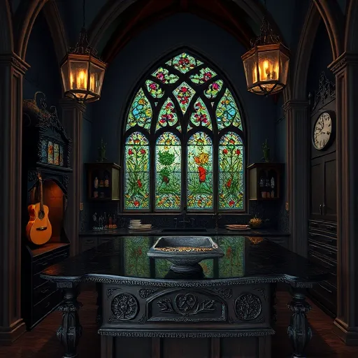 A Gothic-inspired kitchen featuring an ornately carved stone island with cathedral-style detailing topped by polished dark mahogany countertops reflecting candlelight. The background showcases towering Gothic arches framing a vaulted ceiling painted in deep midnight blue with metallic gold accents. An arched stained glass window depicting Texas wildflowers and swirling vines casts colorful, muted light across the space. Vintage wrought-iron chandeliers with candle-shaped bulbs illuminate the room with warm, flickering glow. Tall, ornate cabinetry with pointed arches and iron handles complement the dark stained wooden flooring. Quirky details include a claw-foot sink with an intricate gargoyle motif and an antique wall clock displaying moon phases. Subtle Texas icons, such as a vintage guitar and wrought-iron cactus sculpture, enhance the decor. The color palette emphasizes deep blacks, rich burgundies, dark greens, antique golds, and faded crimson, creating an elegant and mysterious ambiance. The scene is rendered with sharp lines and textured, painterly detail, highlighting gothic grandeur, craftsmanship, and timeless artistry.