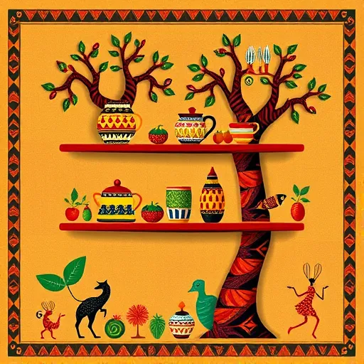 A colorful, detailed illustration of floating kitchen shelves styled as elongated acacia trees with woven branches adorned with tribal patterns and vibrant earth-tone colors like ochre, red, and green. The shelves display traditional African ceramics, woven baskets, and spices with textured motifs. Surrounding the shelves are stylized, brightly patterned fruits, vegetables, and herbs that convey freshness and culinary richness. The backdrop features repetitive geometric and zigzag motifs inspired by African fabric designs, creating a lively, energetic atmosphere. Small whimsical elements include tiny animals peeking from behind the shelves and abstract figures resembling dancing utensils and cooking tools with exaggerated features, adding playful personality. The scene exudes warmth, cultural depth, and creativity, framed by a decorative border inspired by African textiles, blending modern kitchen functionality with traditional African artistic patterns and vibrant colors.