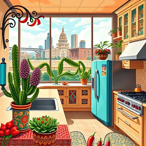 A vibrant Mexican Muralism-style illustration of a luxury kitchen remodeling scene in Austin, Texas. The ornate kitchen features gleaming countertops, intricate tile work with chili pepper accents, and state-of-the-art appliances blending modernity with traditional Mexican decorative elements. Decorative planters with cacti and agave plants add natural touches, while colorful papel picado banners flutter in large windows that cast lively shadows, creating a welcoming atmosphere. In the background, a stylized skyline of Austin showcases iconic landmarks like the Texas State Capitol and Congress Avenue Bridge with exaggerated, vibrant shapes, emphasizing local pride. Surrounding the kitchen are swirling motifs and abstract geometric patterns that add depth and energy to the composition. Quirky details include a large blue corn tortilla rolling pin and a retro teal fridge decorated with Talavera tile patterns, contrasting sleek modern cabinetry. The scene's rich color palette features fiery reds, bright blues, lush greens, warm ochres, and crisp whites, conveying warmth, sophistication, and cultural richness. The bold outlines, flattened perspective, and symbolic motifs reflect a lively fusion of contemporary design and Mexican cultural heritage—perfect for an upscale, culturally expressive blog cover image.