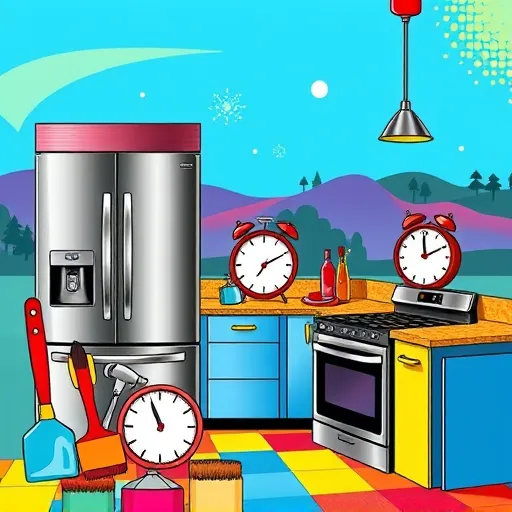 A vibrant pop art-style illustration of a modern kitchen set against the scenic Lakeway, Texas backdrop. The scene features sleek stainless-steel appliances with exaggerated bold outlines and bright color accents in electric blue, fiery red, and sunny yellow. Abstract renovation tools, including a giant spatula, oversized paintbrushes, and cartoonish hammer and wrench with playful faces, add a whimsical touch. The countertops display multicolored tile patterns, while a large clock symbolizes efficiency. Simplified silhouettes of trees and hills evoke Lakeway’s picturesque environment. Anthropomorphic kitchen cabinets and a friendly-faced oven provide humorous personality. The composition uses lively swirling color blocks, dotted patterns, and exaggerated outlines characteristic of pop art to convey creativity, expertise, and a fun approach to kitchen renovation.