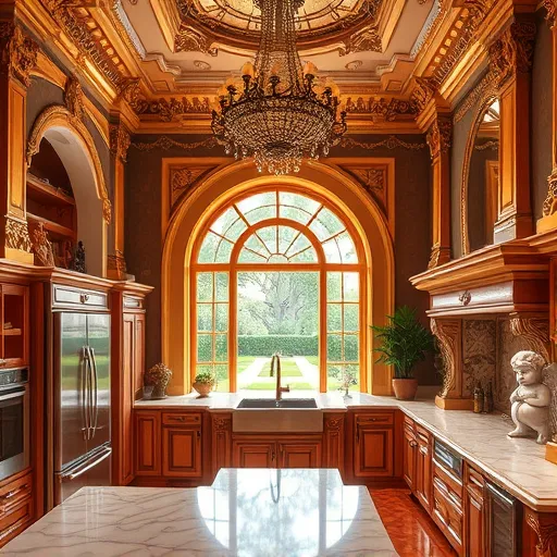 A luxurious Baroque-inspired scene depicting a professional kitchen undergoing renovation within an opulent, richly detailed background reminiscent of 17th-century European palaces. The foreground features intricate gold-framed archways, elaborate decorative moldings, and swirling rococo motifs, seamlessly blending classical grandeur with modern stainless steel appliances, sleek marble countertops, and contemporary fixtures. Artistic details include baroque cherubs holding ornate cooking utensils, whimsical touches like a mischievous tiny chef, and a playful squirrel peeking from behind a gilded column. The spacious kitchen boasts high vaulted ceilings adorned with grand stuccoes, sparkling crystal chandeliers casting warm light, and a large window overlooking a lush, manicured garden with vibrant greenery and peaceful pathways. The warm color palette incorporates rich golds, deep reds, emerald greens, and subtle ivory accents, creating an inviting yet sophisticated atmosphere. The scene captures a sense of timeless elegance, craftsmanship, and playful transformation, emphasizing dramatic lighting, textured surfaces, and ornate detailing characteristic of Baroque art, highlighting the theme of high-end professional kitchen renovation with a refined, lively touch.