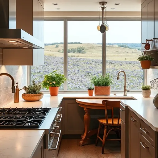 A photorealistic image of a modern kitchen interior showcasing expert craftsmanship and stylish renovation. The scene features sleek quartz countertops with subtle veining, illuminated by soft, warm lighting that creates a welcoming ambiance. Elegant cabinetry with matte and glossy finishes, accented by brushed nickel hardware, lines the space. A stainless steel stove and farmhouse sink with a vintage bronze faucet enhance the functional design. An inviting breakfast nook includes a round wooden table surrounded by colorful, mismatched chairs, adding cozy charm. A potted herb garden with greenery and flowering plants sits on the windowsill, bringing freshness and personality. Quirky details such as a chef’s hat on the countertop and a hanging utensil rack with antique and modern tools add eclectic character. The large window offers a view of tranquil Texas landscape with bluebonnets and wildflowers over rolling hills, emphasizing local scenery. Warm earth tones—browns, creams, and blues—dominate the color palette, complemented by subtle metallic accents, conveying warmth and trustworthiness. The highly detailed, photorealistic style captures every surface, reflection, and texture, highlighting the quality and inviting atmosphere of a meticulously remodeled Brentwood, Texas, kitchen.