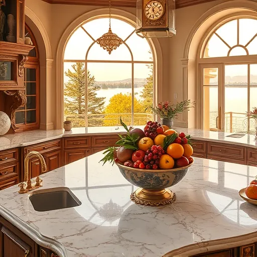 A high Renaissance-style depiction of a modern lakeside kitchen in Lakeway, Texas, featuring luxurious marble countertops with intricate veining, ornate gold fixtures, vintage brass faucets, and carved wooden cabinetry with elaborate moldings. Large arched windows flood the space with warm sunlight, illuminating polished surfaces and lush greenery outside, including pine and magnolia trees. The central island topped with glossy granite displays a colorful fruit bowl filled with citrus and berries. Decorative elements include a Renaissance-inspired vintage clock on the wall and tiny hand-painted tiles with floral, celestial, and geometric patterns. The background showcases a panoramic view of Lake Travis with shimmering water, distant hills, swirling mist, and a pastel sky, all bathed in soft, diffused light through lace curtains. The scene combines timeless Renaissance craftsmanship with contemporary comfort, creating an elegant yet inviting lakeside kitchen atmosphere.